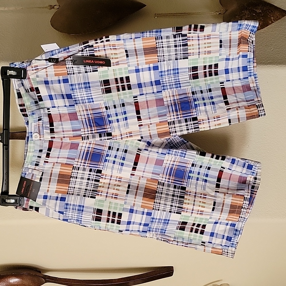 LINEA UOMO Men's Patchwork Plaid Retro Walking Shorts beige blue brown sz 32 NWT